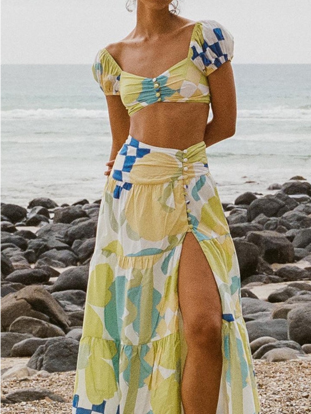 Yellow Abstract Print Maxi Dress with Side Slit - Picture 1 of 2